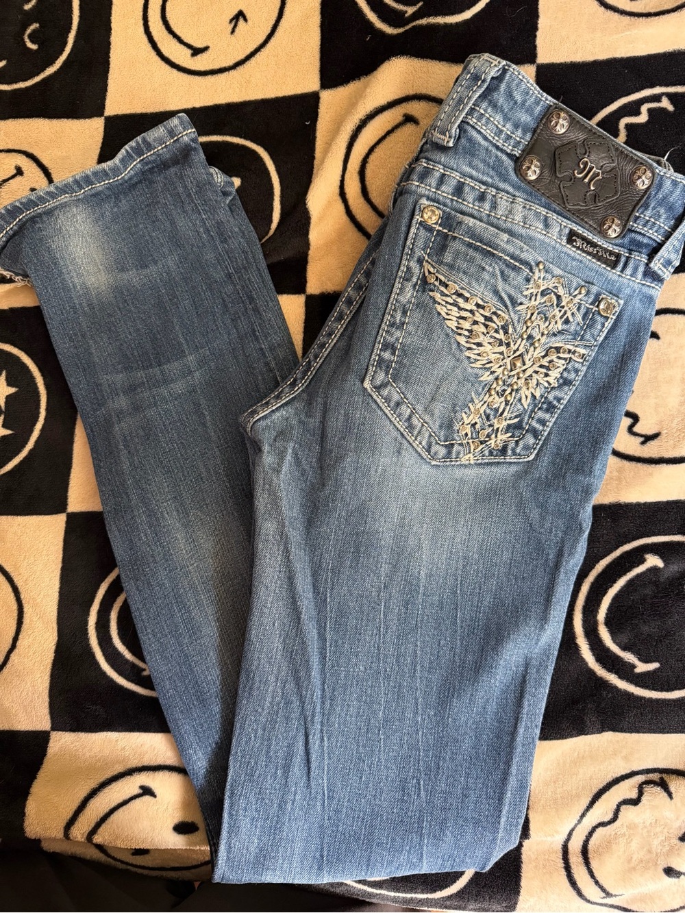 Miss Me Light Blue Boot Cut Jeans with Wing Embroidery